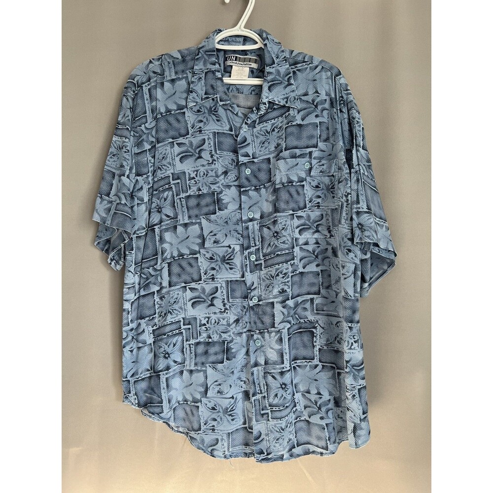 Vintage UNTIED Men's L Blue Abstract Hawaiian Shirt 100% Rayon Short Sleeve